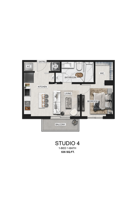 Floor plan for studio, 1 bath, 535 sqft